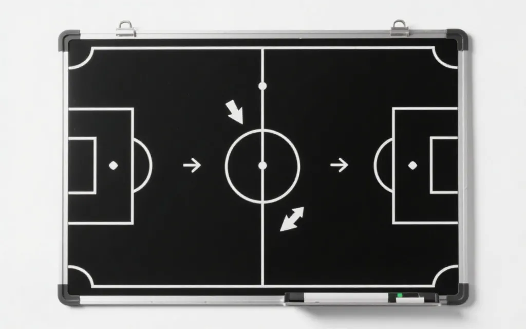 战术板上标注半空间、压迫与跑位线路的示意图，体现国家队落位推演