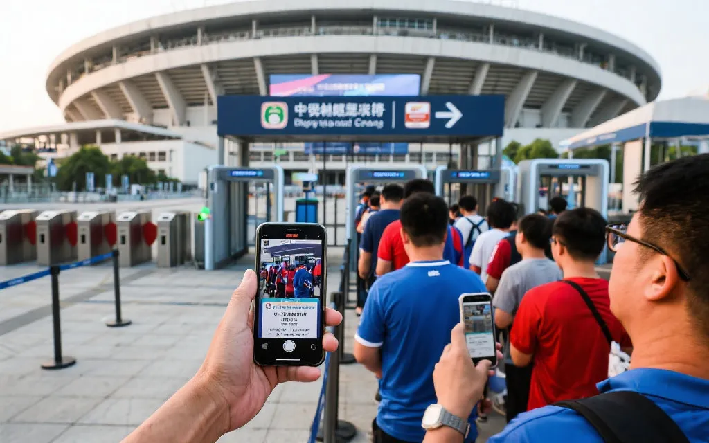 体育场入口安检与闸机区域，球迷手持手机展示电子票，现场有指引标识