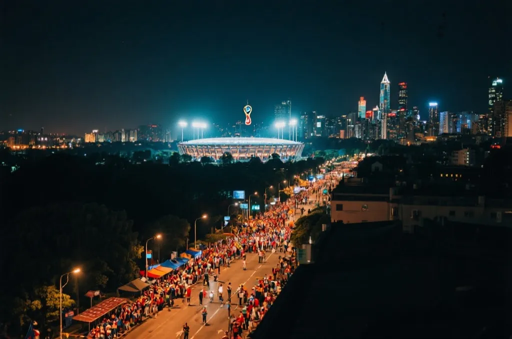 世界杯夜晚城市天际线与球迷欢庆氛围